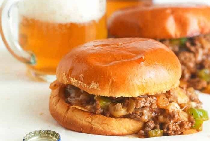 Philly Cheese Steak Sloppy Joes with a cold beer