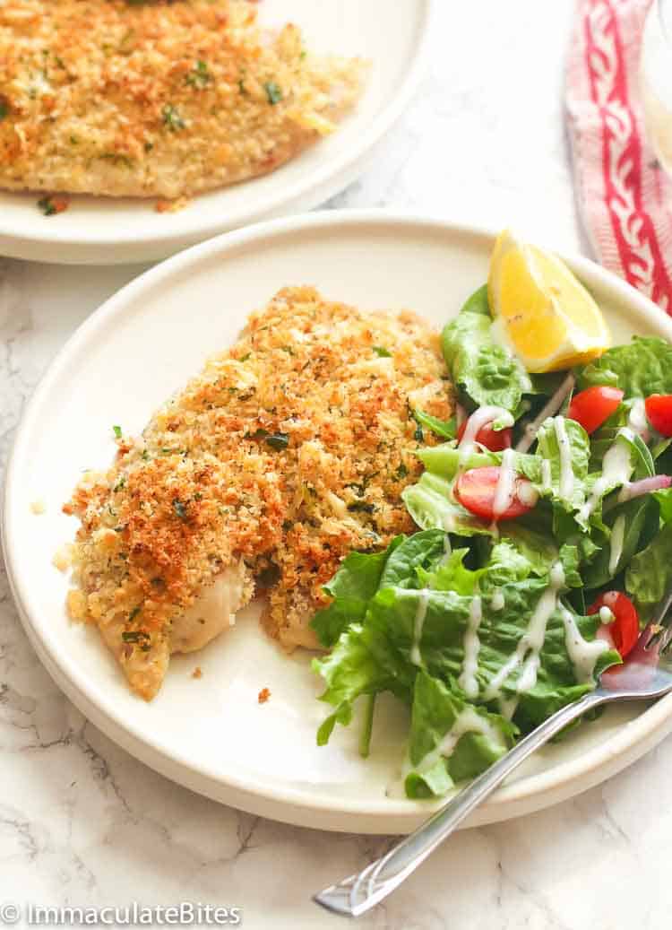 Parmesan-crusted tilapia with a tossed salad on the side