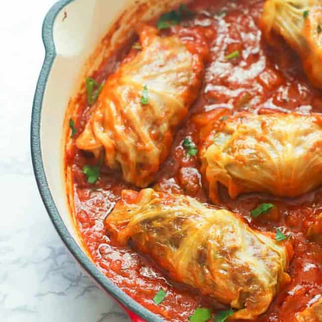 Stuffed Cabbage Rolls simmered in a pan