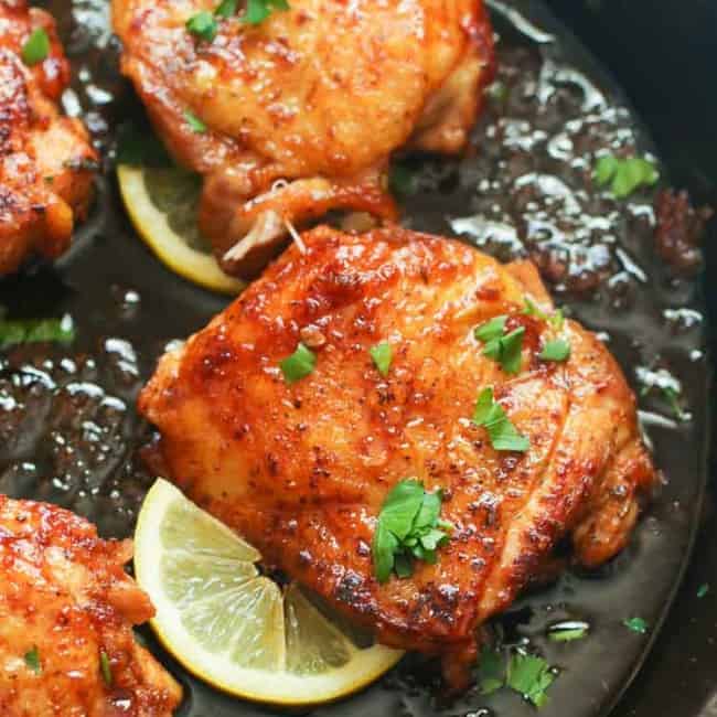 Honey garlic chicken in a cast iron skillet delivers a fantastically fast dinner.