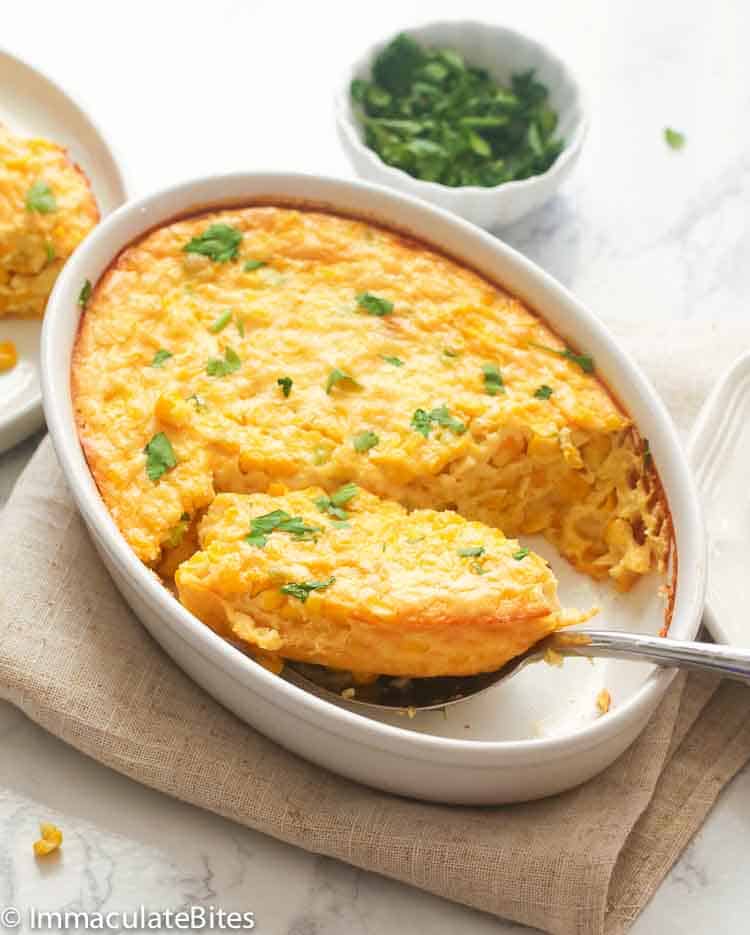 Corn Pudding in a Casserole Garnished with Parsley