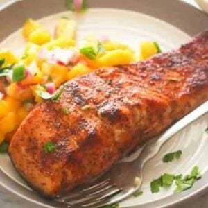 Grilled salmon steak feature