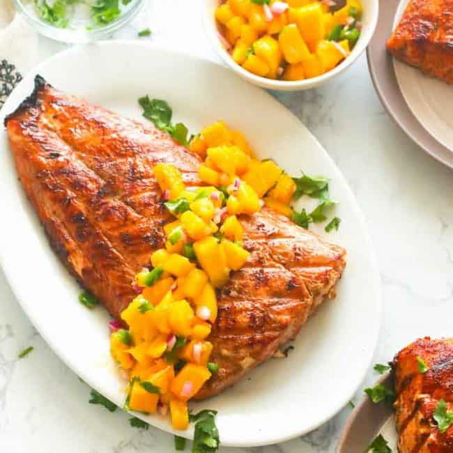 Grilled Salmon with mango salsa on top