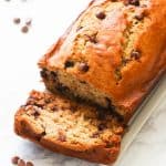 Insanely good chocolate chip banana bread sliced and ready to enjoy