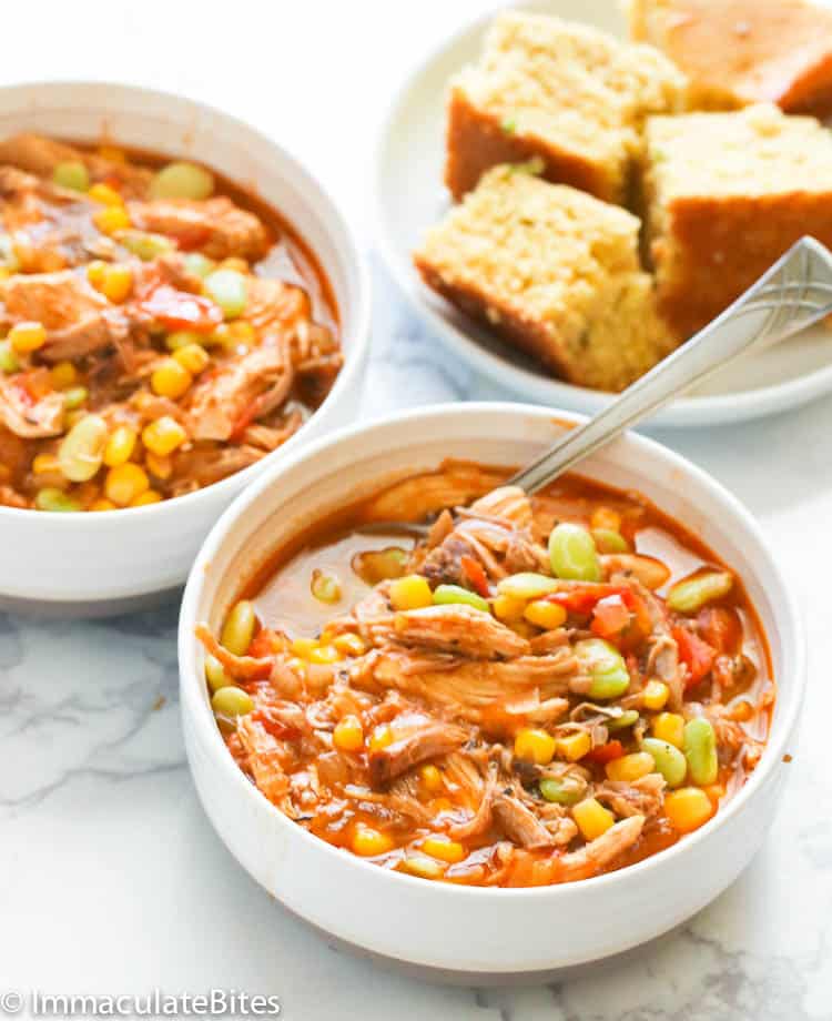 Two Bowls of Brunswick Stew Served with Cornbread