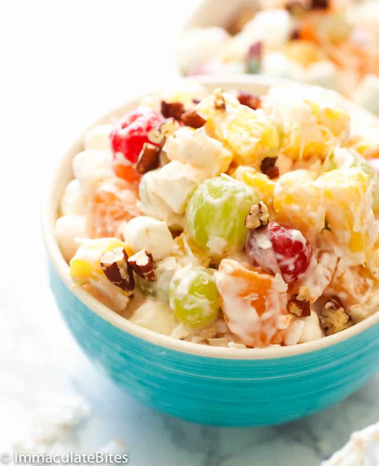 Ambrosia salad in a blue bowl