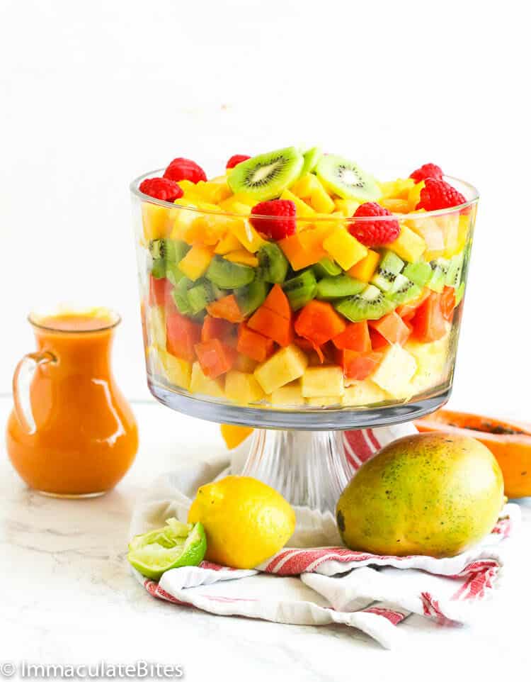 Bowl of chopped fresh fruits for a tropical fruit salad any time of year