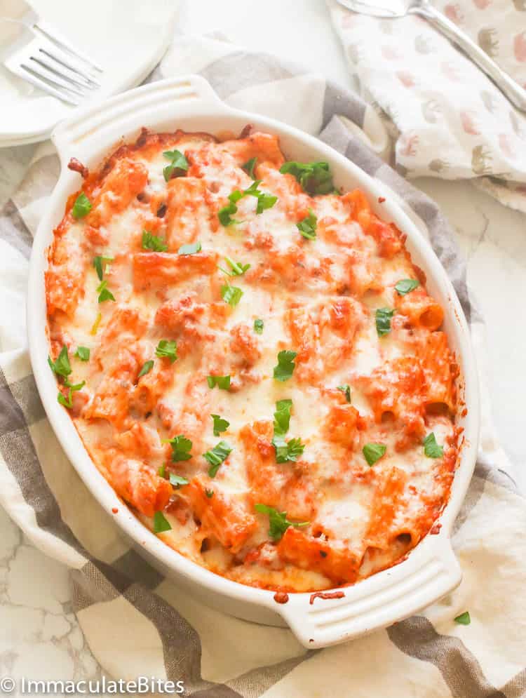 Easy baked ziti in a baking dish
