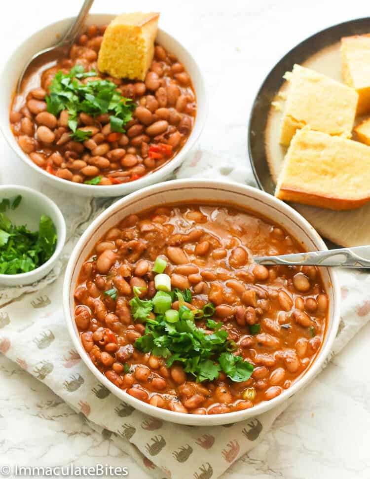 Pinto Beans in a Bowl Served with Cornbread