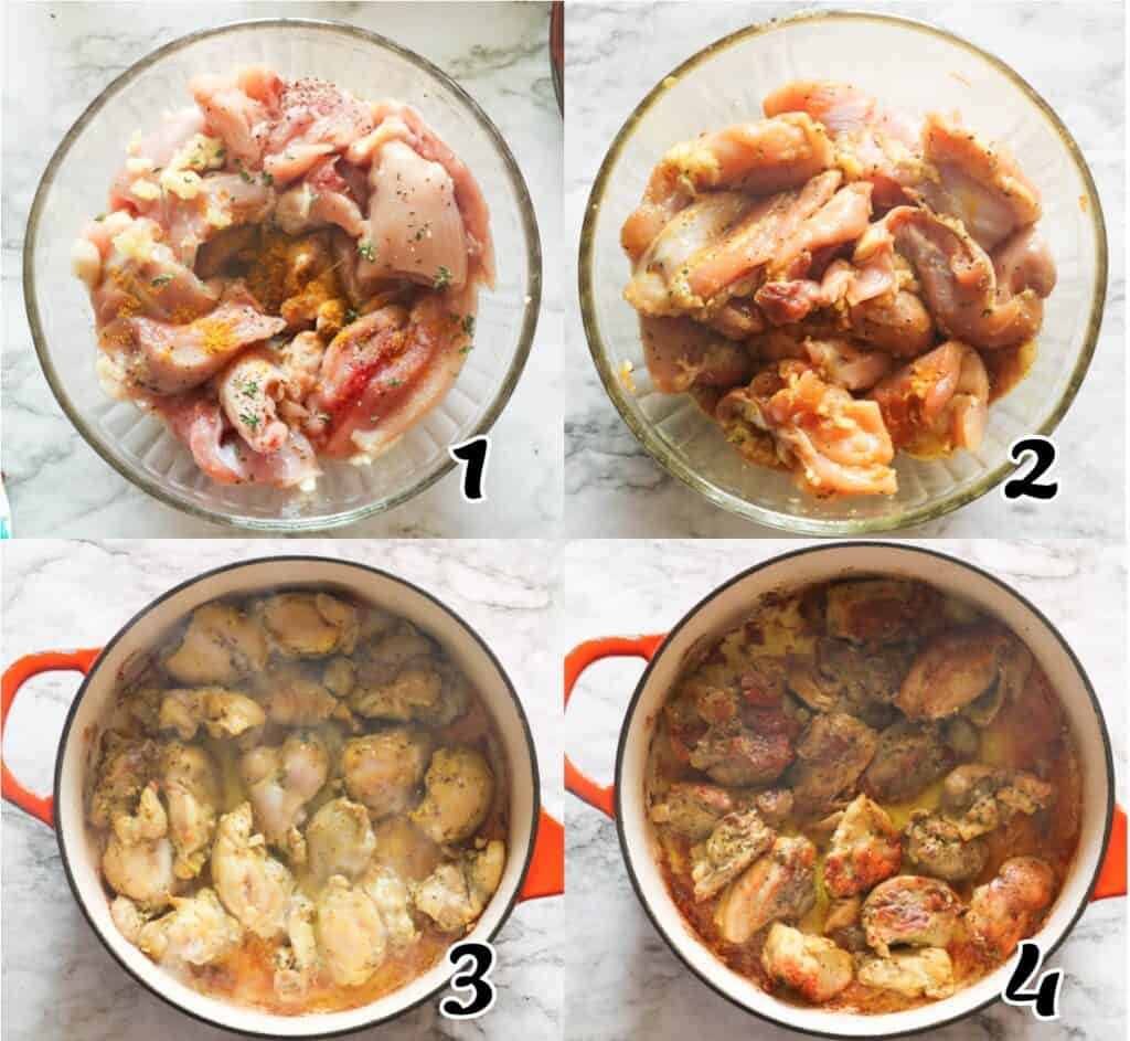 Season the chicken and start stewing