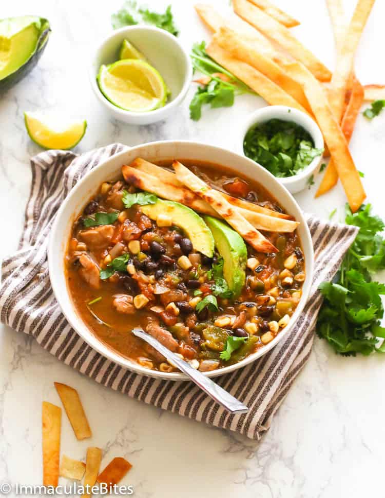 A Bowl of Chicken Tortilla Soup with Tortilla Slices in the Background