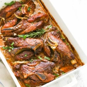 A baking dish full of country style ribs ready for your next cookout