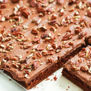 Texas sheet cake topped with pecans