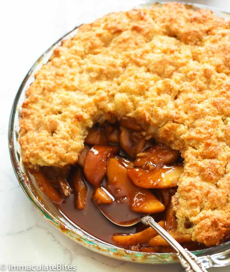 Apple Cobbler with some parts taken off the baking dish