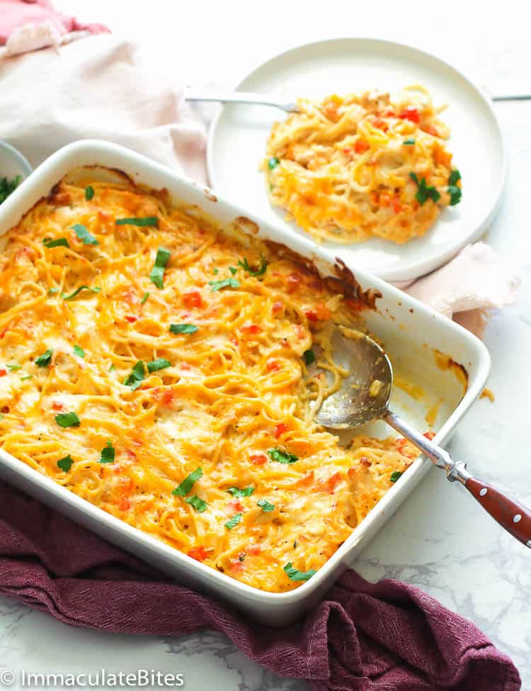 Baked chicken spaghetti in a casserole