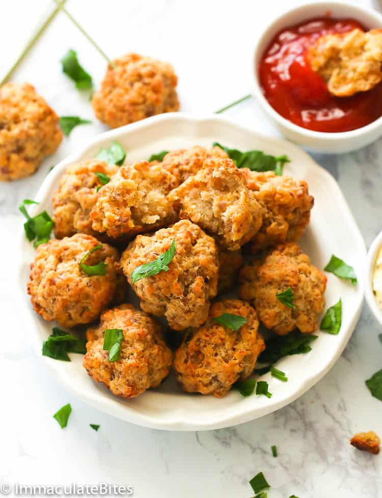 Sausage Balls with a Dipping Sauce in the Background