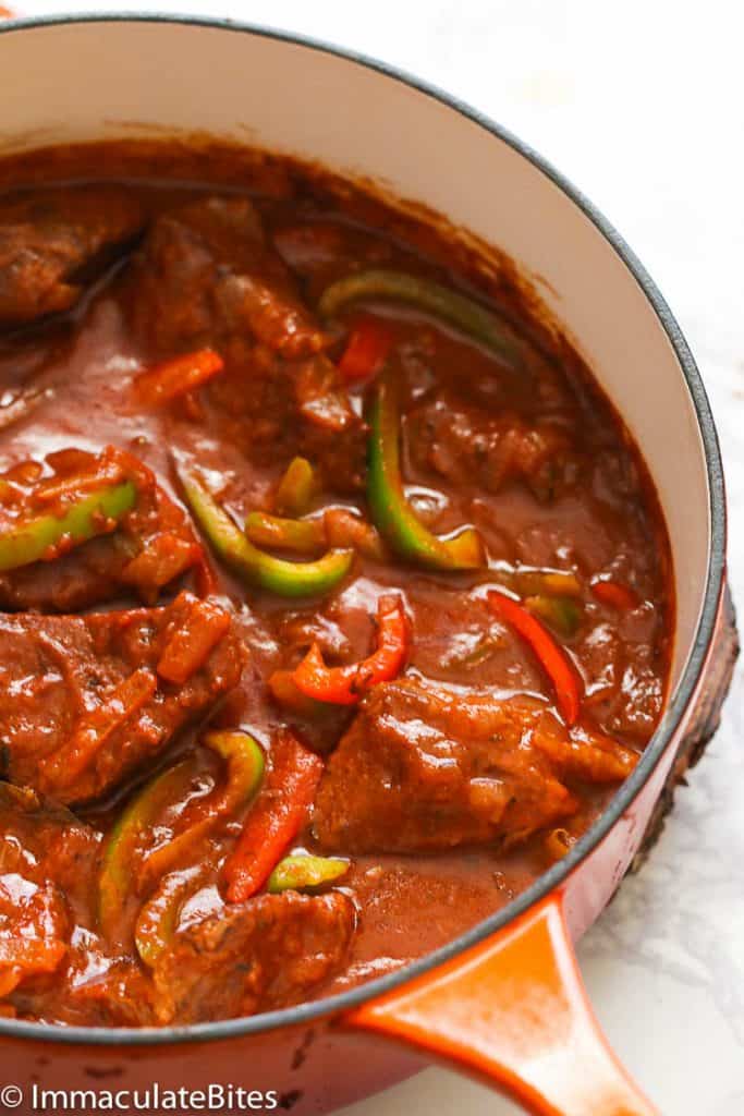 A fresh pot of swiss steak ready to serve