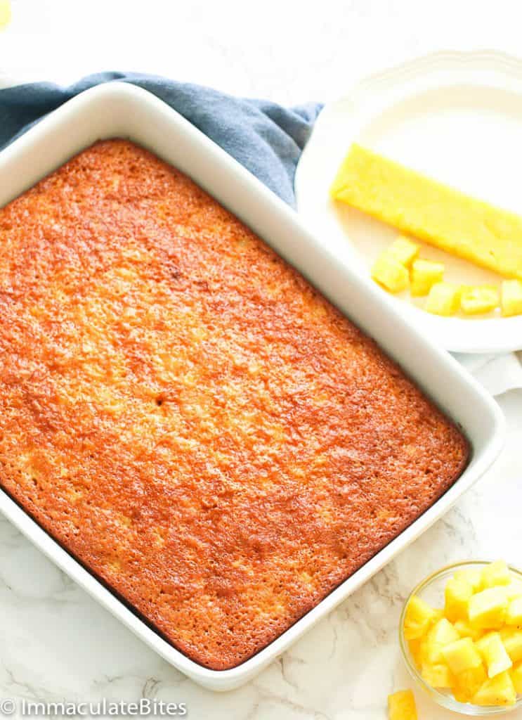 Pineapple cake in a white baking dish