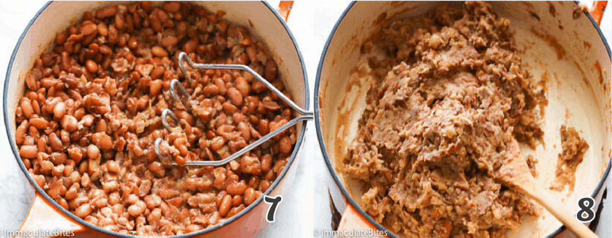 Mashing the beans in a dutch oven