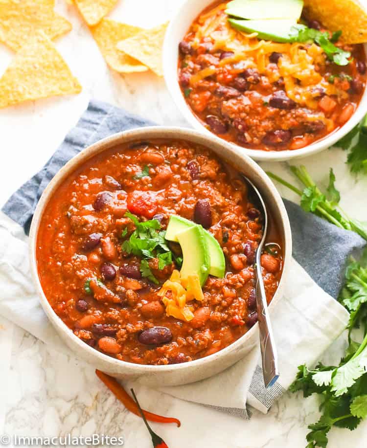 Chili Recipe in a Bowl with avocado slices