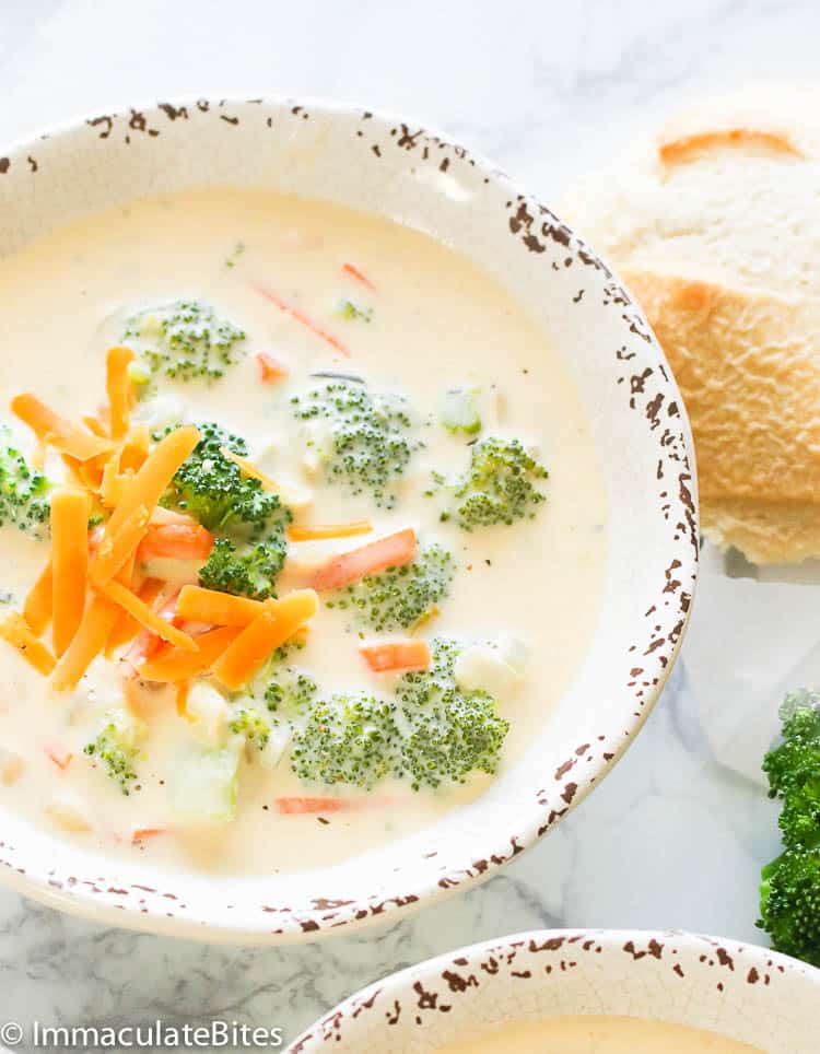 Broccoli Cheese Soup with carrots and homemade white bread