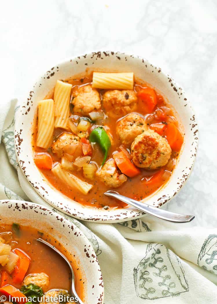 Two Bowls of Meatball pasta soup
