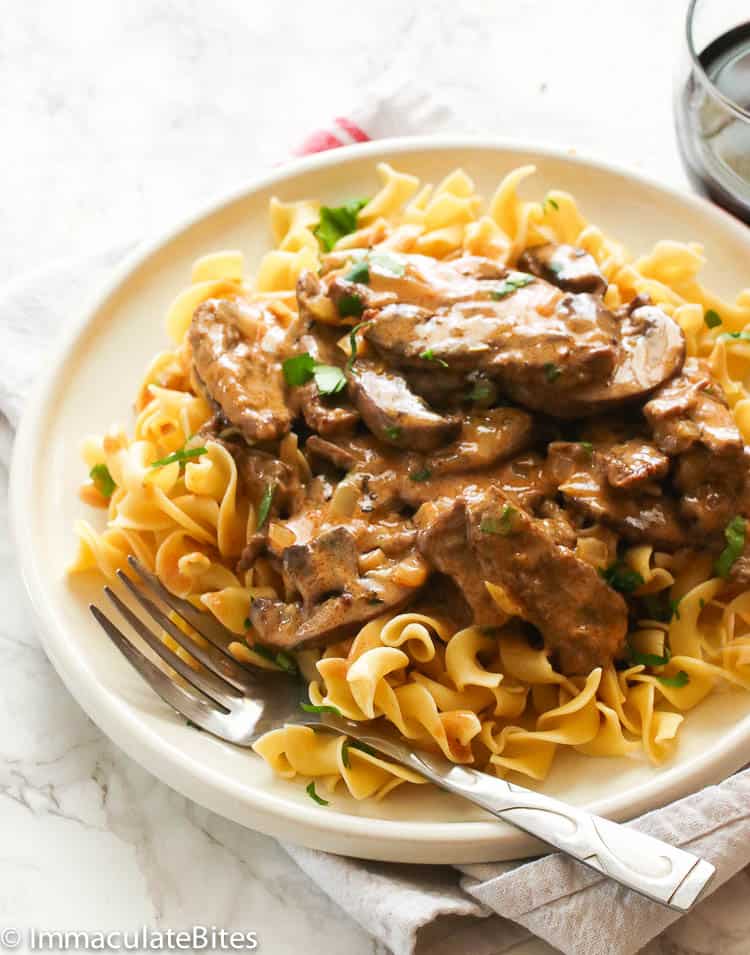 Beef Stroganoff on top of egg noodles