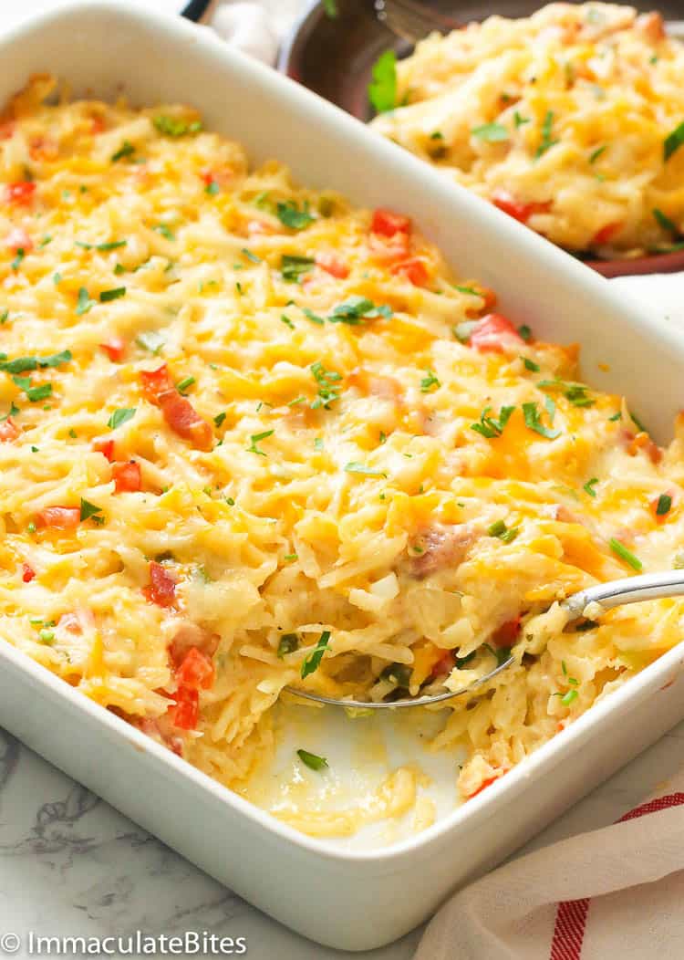 Freshly baked hashbrown breakfast casserole for brunch food ideas