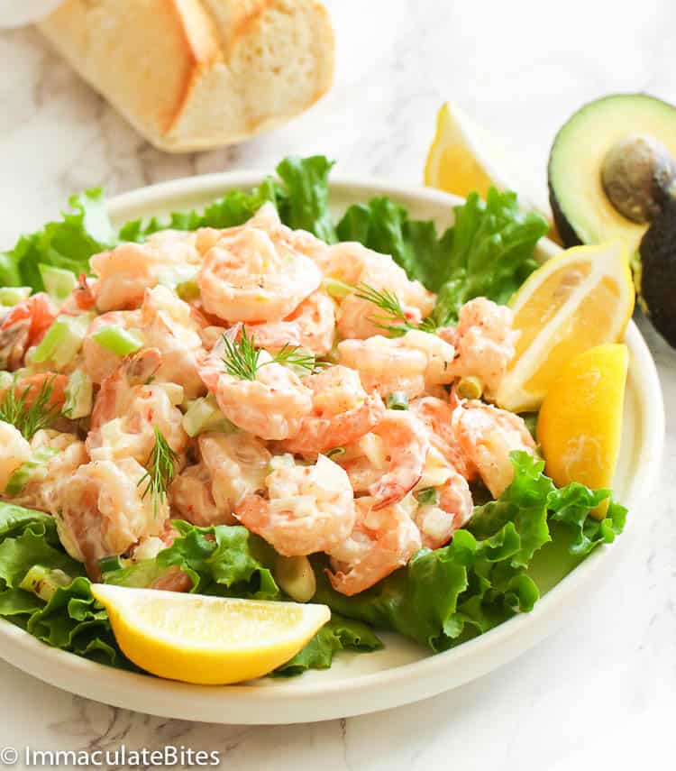 Shrimp Salad with lemon wedges on the side