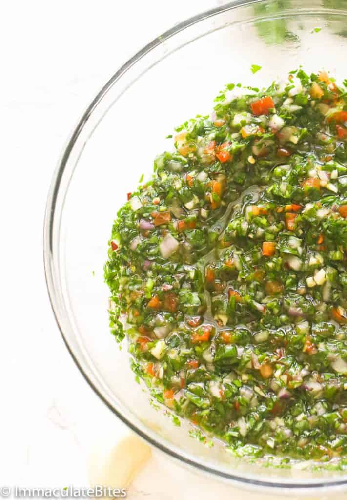 Chimichurri Sauce in a Clear Bowl