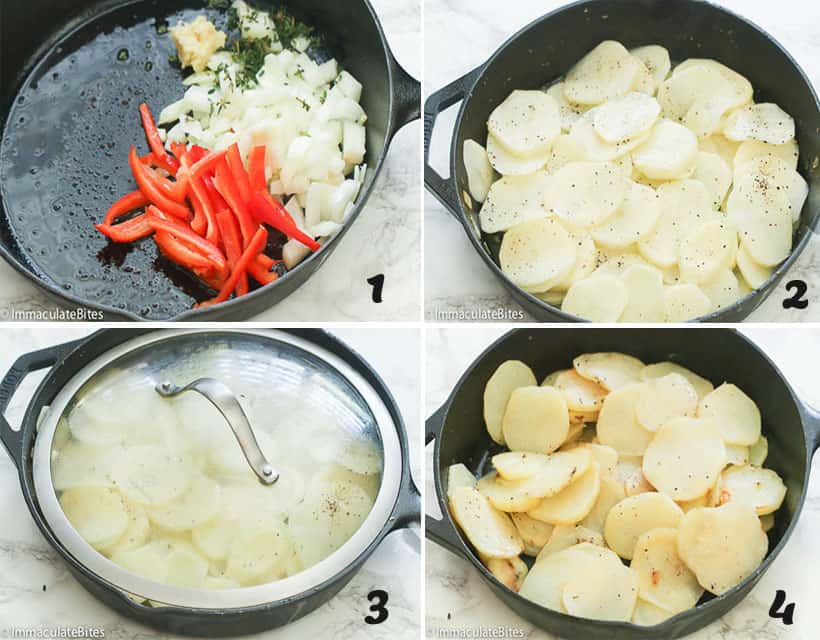 Saute the veggies, add the potatoes and cook