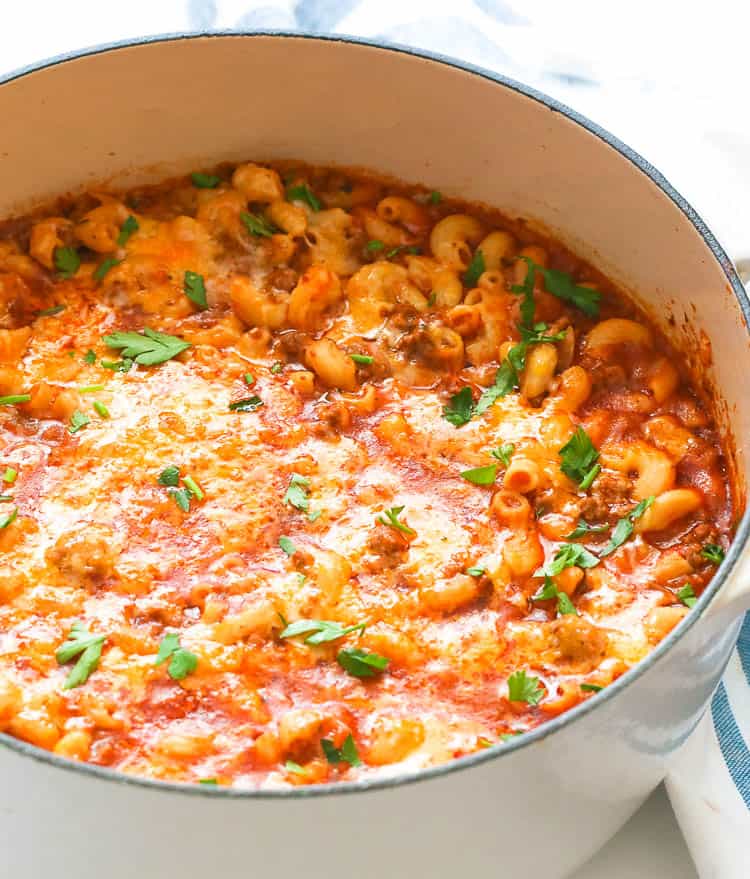 Steaming hot American goulash ready to serve