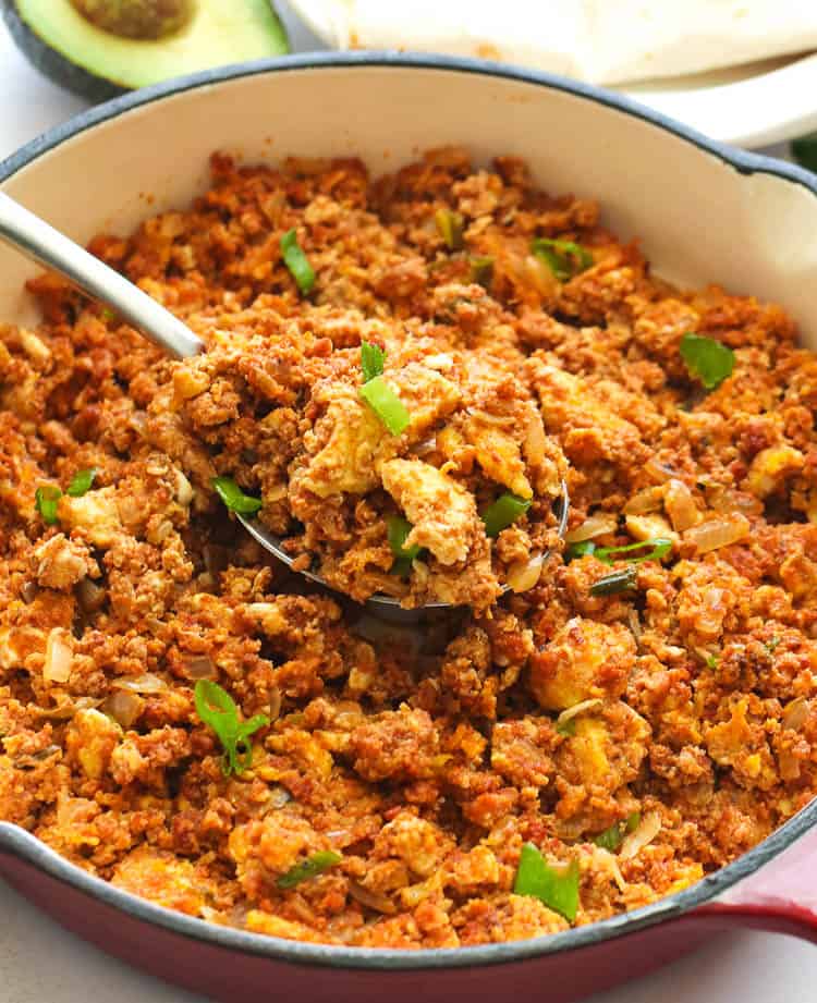 Serving chorizo and eggs from the skillet