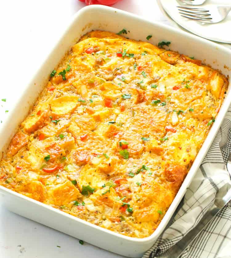 A freshly made sausage egg casserole ready to serve and enjoy.