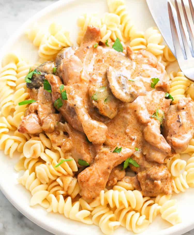 Chicken Stroganoff with egg noodles