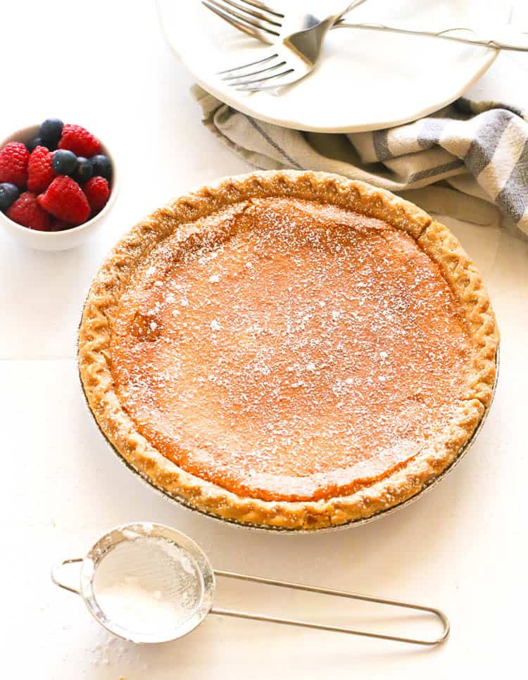 Buttermilk Chess Pie cooled, dusted with powdered sugar, and ready to serve