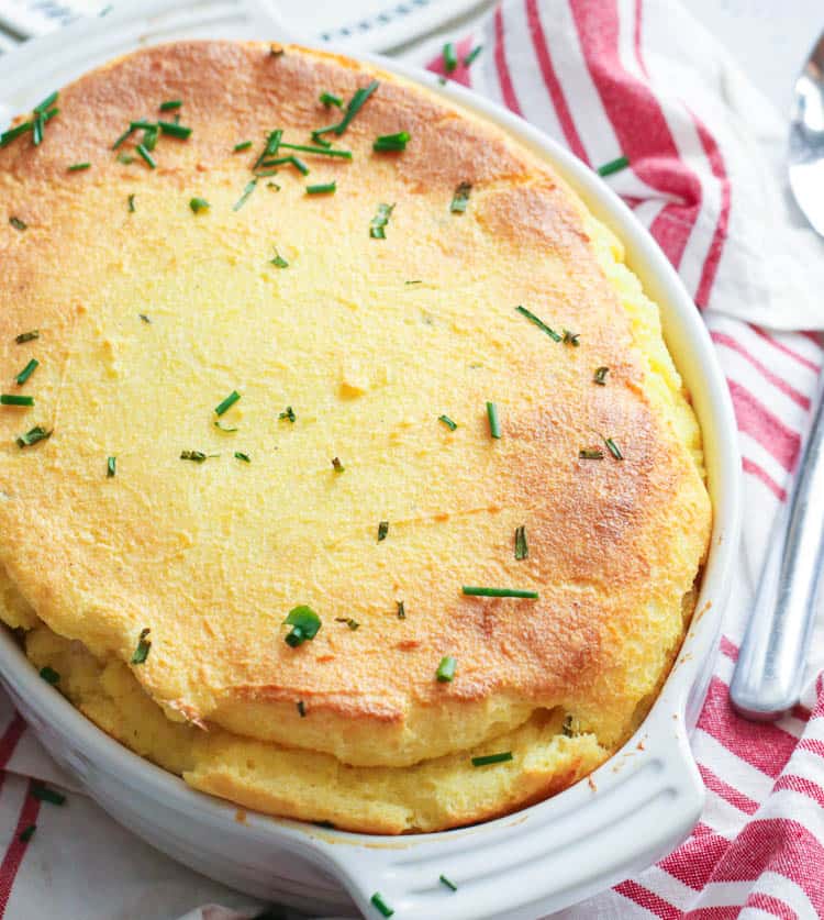 Spoon Bread fresh from the oven garnished with chopped chives