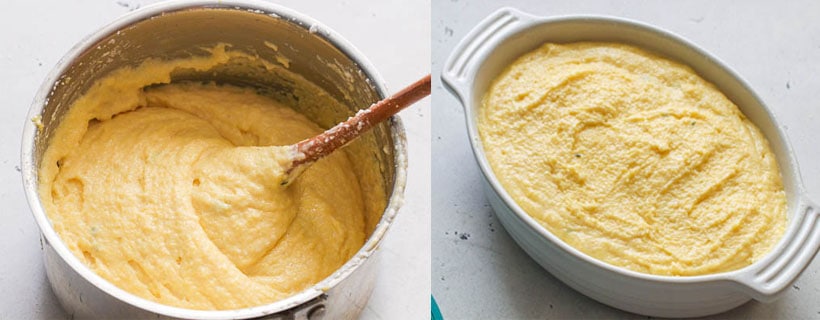 Transferring spoon bread mixture into a greased baking dish