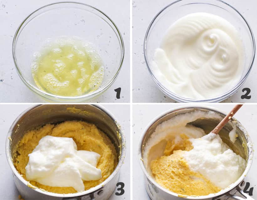 Adding whisked egg white into the pot