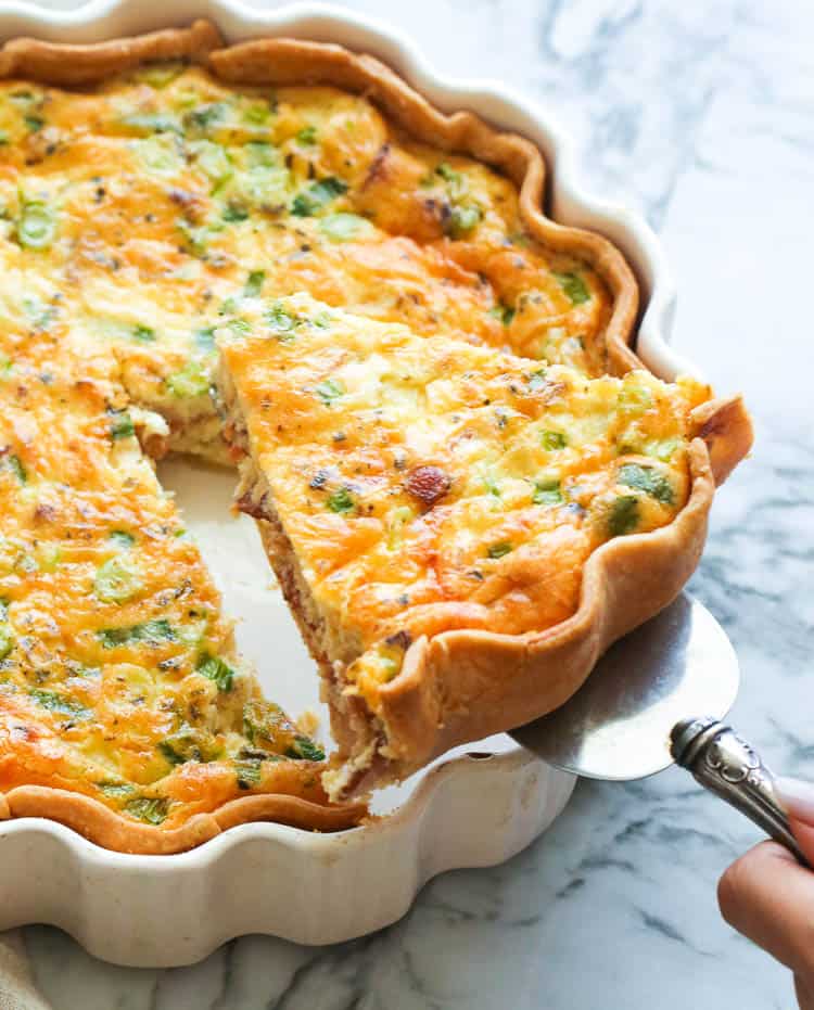 Quiche Lorraine with a Slice Taken Off the Baking Dish