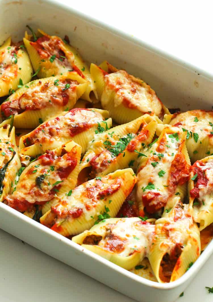 Stuffed Shells with Meat in a Baking Dish