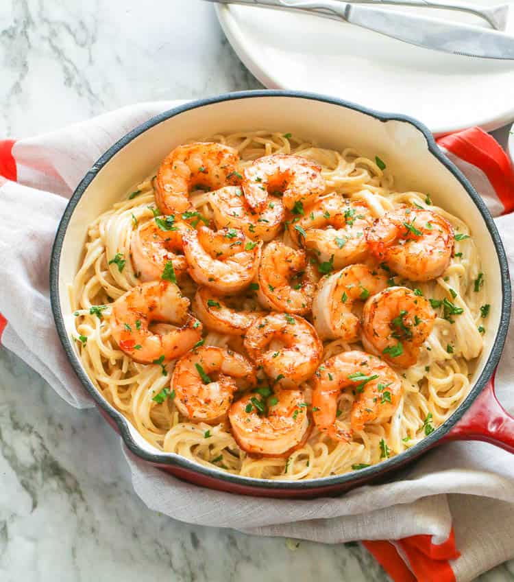 Shrimp Alfredo in a pan