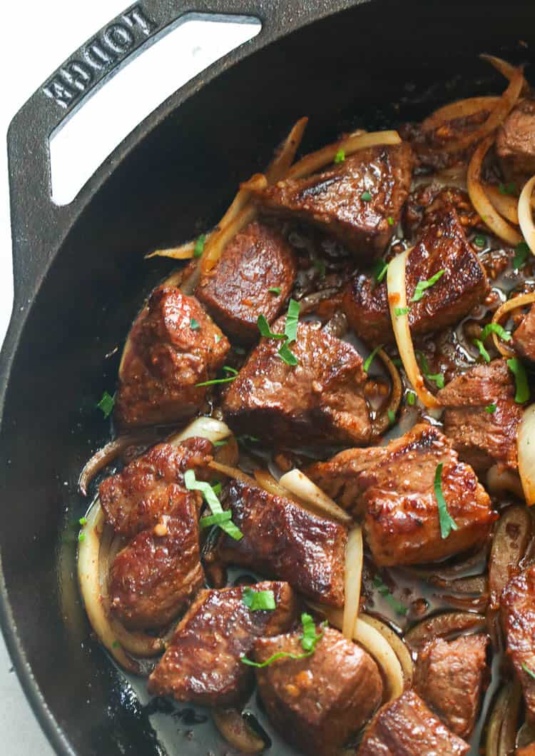 Steak Tips in a skillet