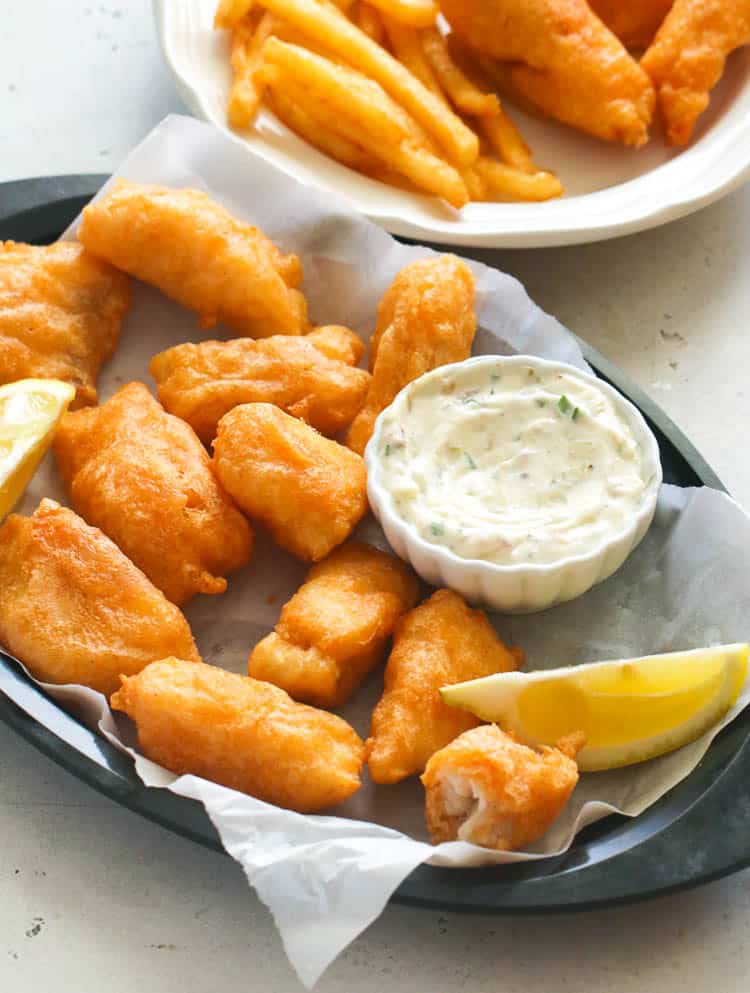 Beer Battered Fish with tartar sauce and lemon wedge