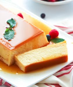 Sliced custard flan on a plate