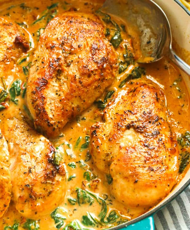 Four Halves of Tuscan Chicken in a Pan 