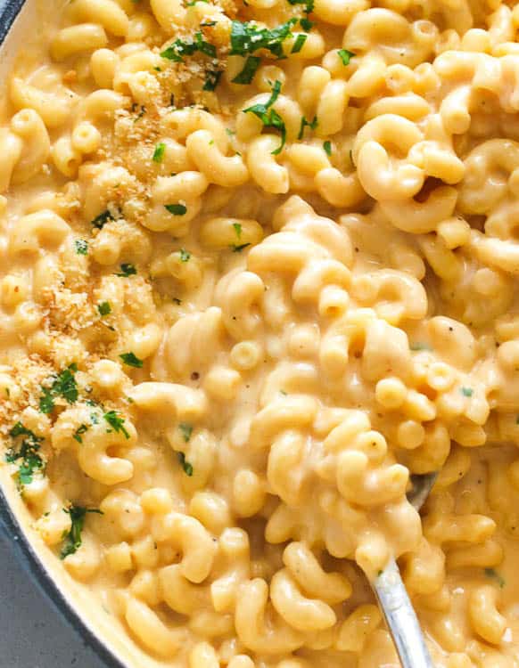 Creamy Stovetop Mac and Cheese Topped with Breadcrumbs and Chopped Parsley