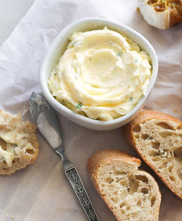 crusty bread slices slathered with garlic butter