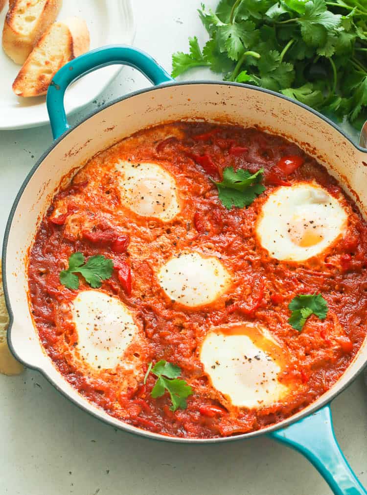 Shakshuka cooked in a skillet