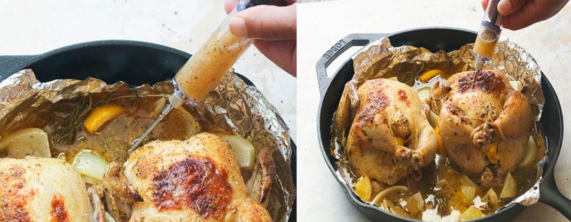 Injecting the Cornish Hens with Flavor